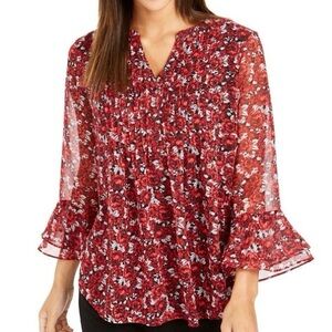Charter Club Red Floral Blouse with a small bell sleeve, Size Small Petite